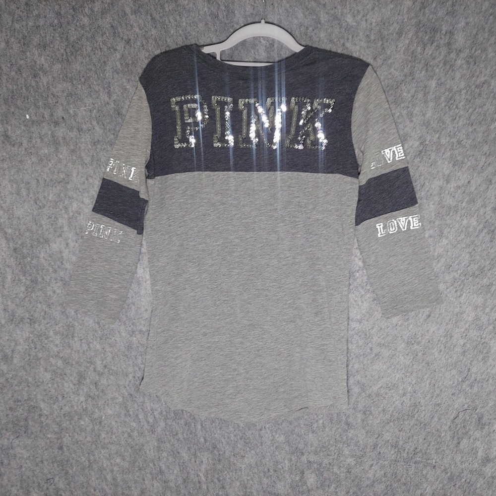 Pink Victorias Secret Shirt XS Grey Bling Logo Sequin Raglan Tee University